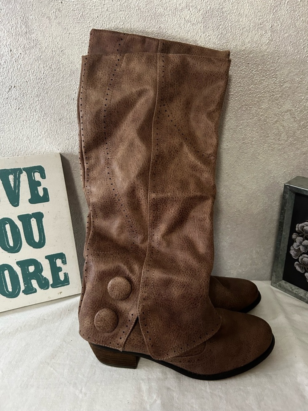 Not Rated Brown Mid-Heel Knee Boot with Button Detail
